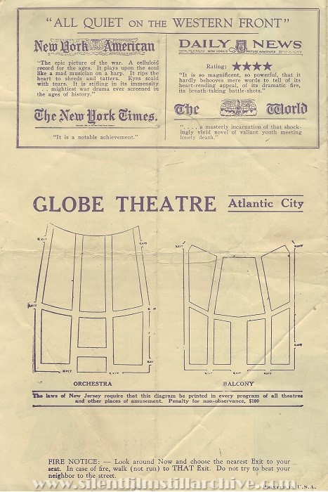 Globe Theatre, Atlantic City, New Jersey screening ALL QUIET ON THE WESTERN FRONT (1930)