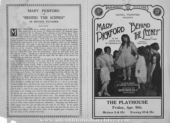 Herald for BEHIND THE SCENES (1914) with Mary Pickford