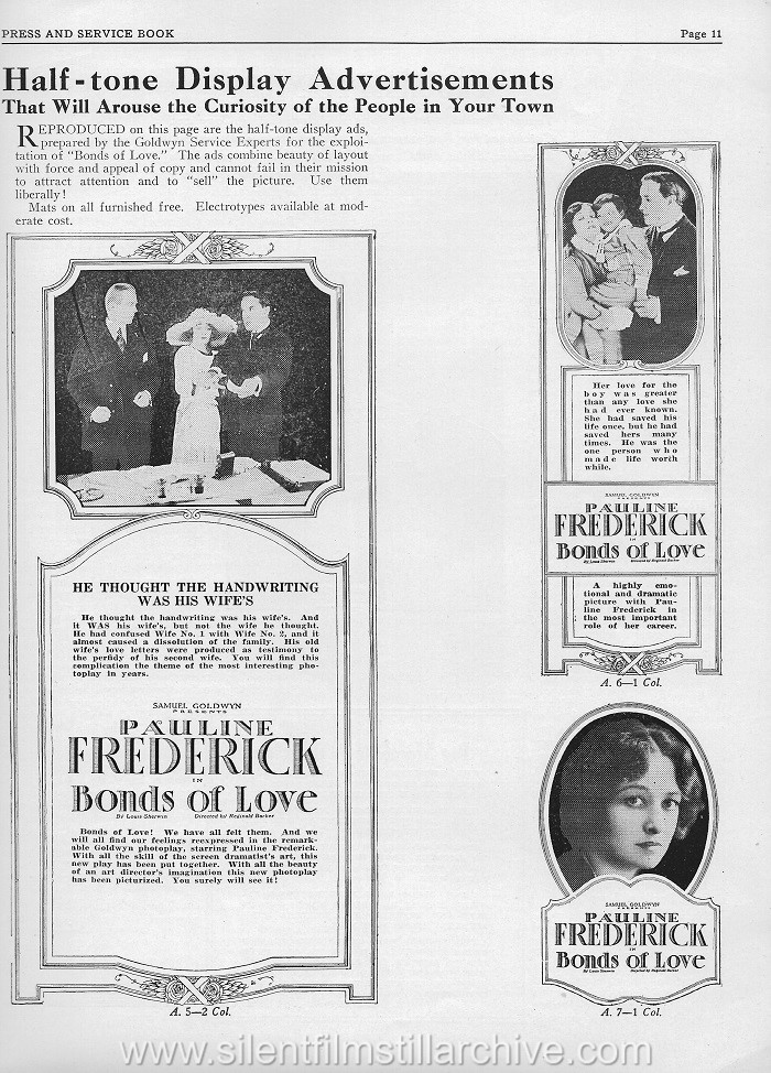 Pressbook for BONDS OF LOVE (1919) with Pauline Frederick