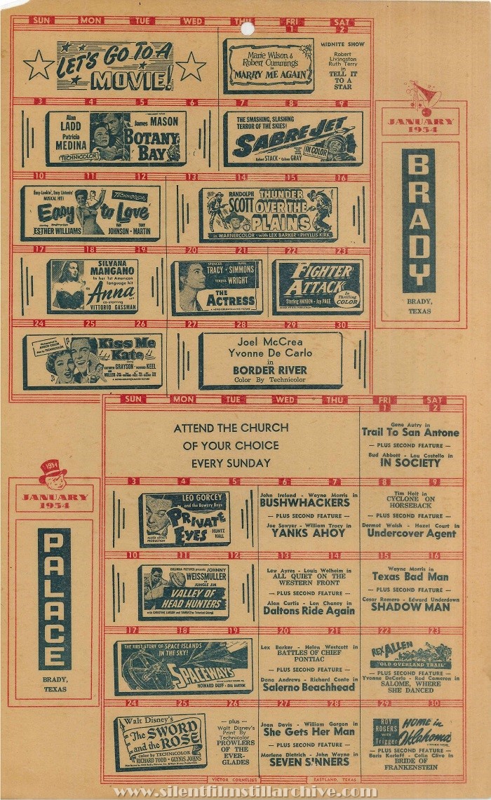 Calendar for the Brady Theater and Palace Theater, Brady, Texas, January 1954