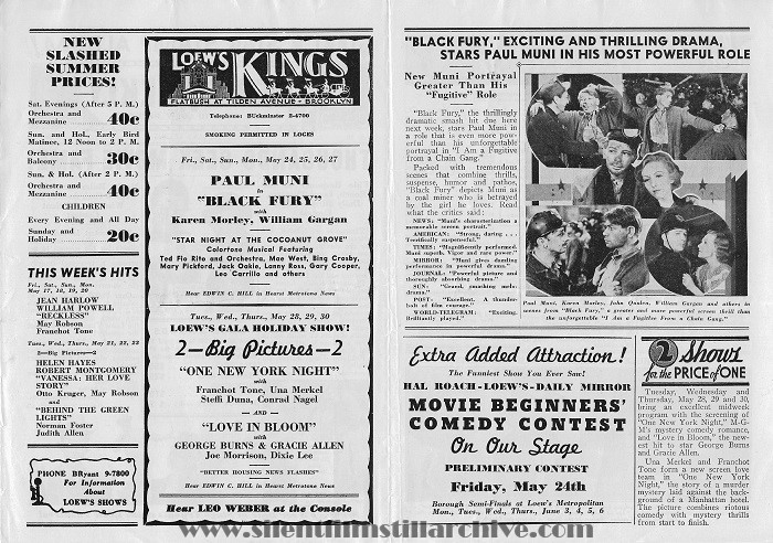 Loew's Kings Theatres, Theatre program, May 17, 1935 featuring BLACK FURY (1935)