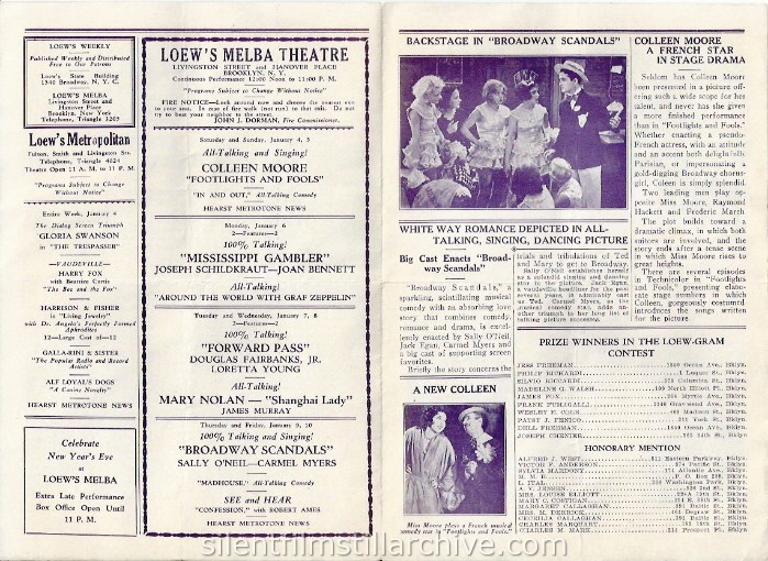 Loew's Melba and Metropolitan Theatres, Theatre program, December 28, 1929