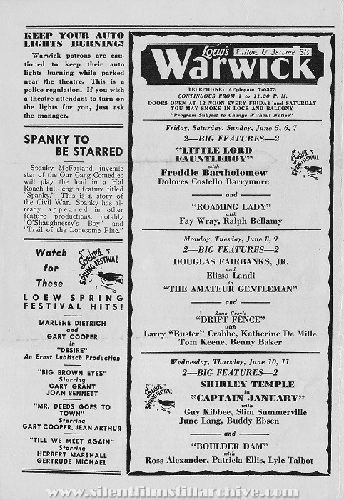 Loew's Warwick Theatre, Theatre program, May 29, 1936