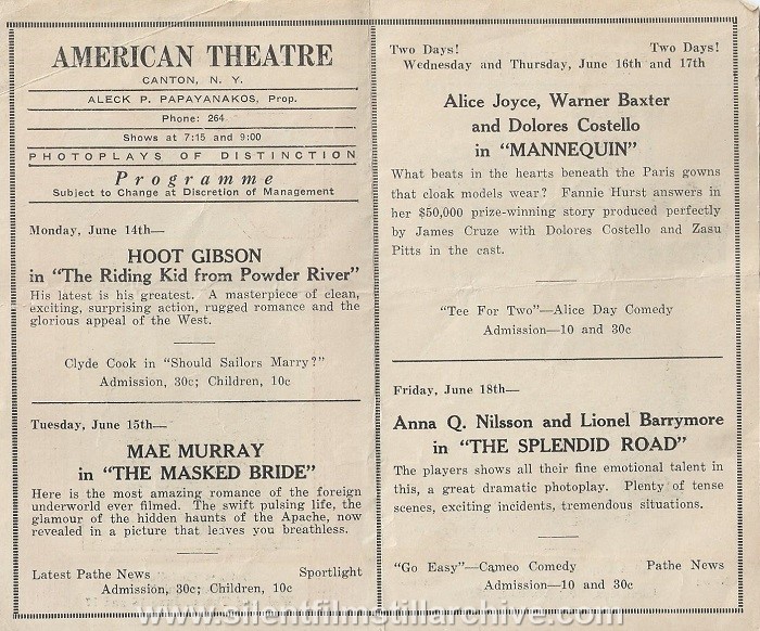 American Theatre program, June 14, 1926, Canton, New York