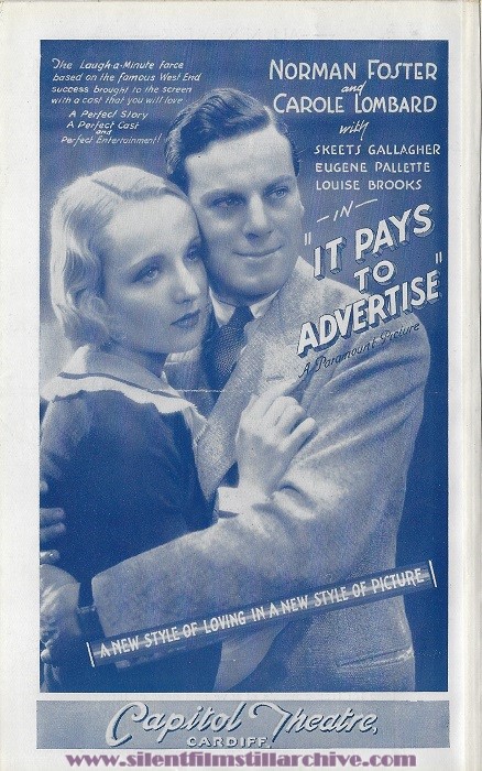 Capitol Theatre, Cardiff, Wales, UK program featuring IT PAYS TO ADVERTISE (1931) with Norman Foster and Carole Lombard