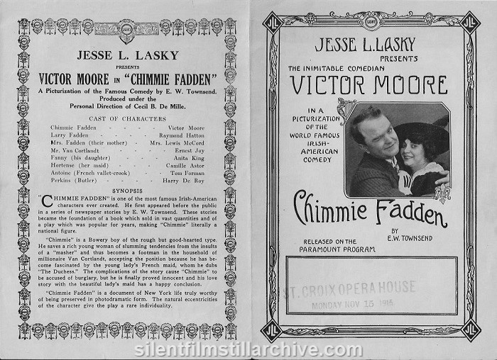 Herald for CHIMMIE FADDEN (1915) with Victor Moore and Anita King, showing at the St. Croix Opera House in Calais, Maine