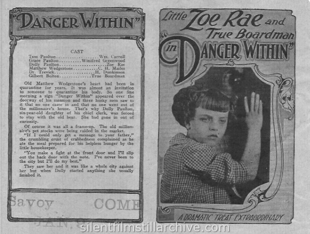 Zoe Rae and True Boardman in DANGER WITHIN (1918) movie herald