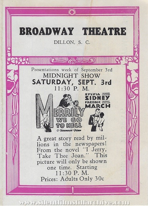Broadway Theatre program, Dillon, South Carolina, September 3, 1932