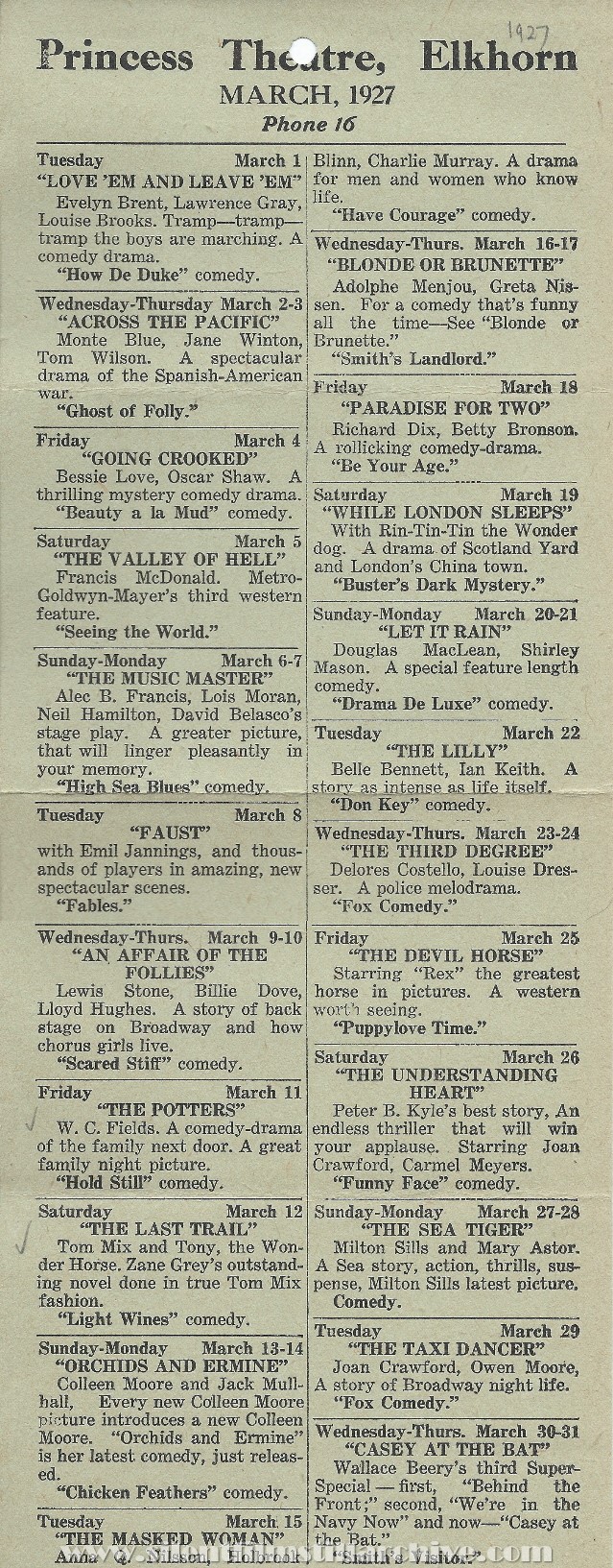 Princess Theatre program, Elkhorn, Wisconsin, March, 1927