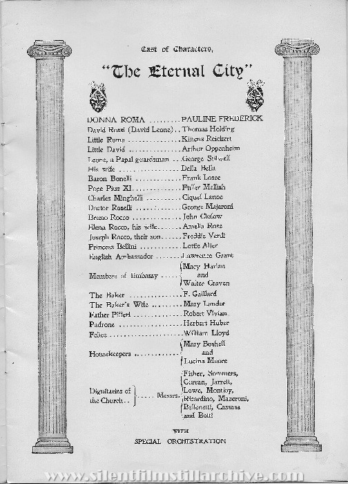 Program for THE ETERNAL CITY (1915) with Pauline Frederick, showing at the Studebaker Theatre in Chicago, Illinois