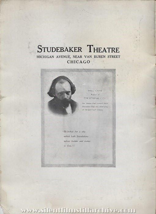 Program for THE ETERNAL CITY (1915) by Hall Caine, showing at the Studebaker Theatre in Chicago, Illinois