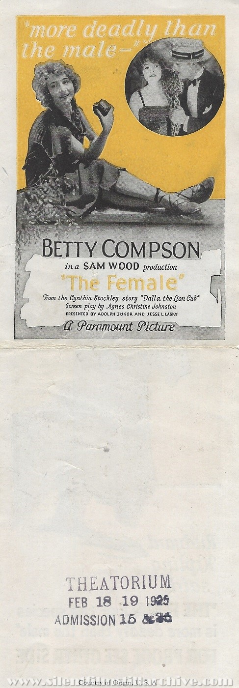 Advertising herald for THE FEMALE (1924) with Betty Compson
