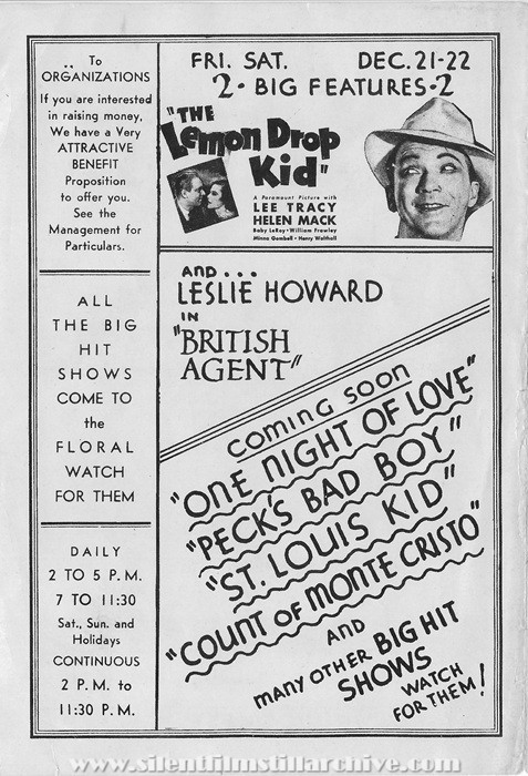 Floral Park, Delaware, Floral Theatre program for December 16, 1934 showing THE
LEMON DROP KID (1934) with Lee Tracy