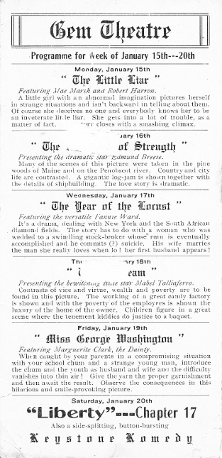 Gem Theatre, unknown location, January 15, 1917 program