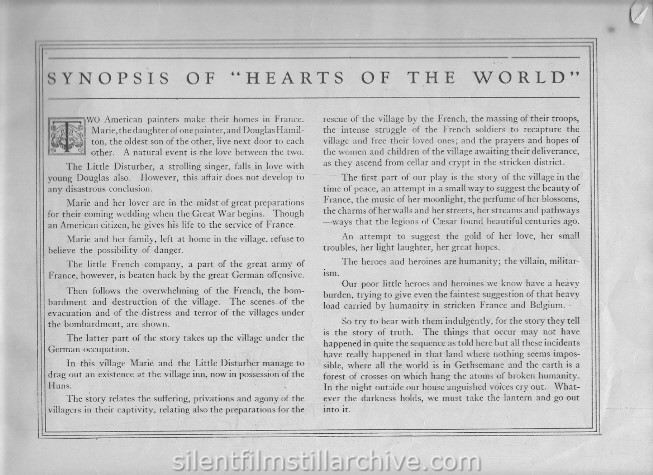 D. W. Griffith's HEARTS OF THE WORLD (1918) movie program.  David Wark Griffith on the battle-fields of France
