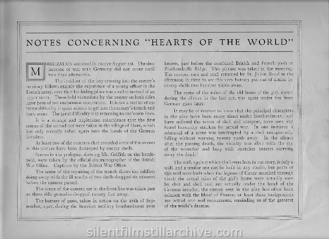 D. W. Griffith's HEARTS OF THE WORLD (1918) movie program.  Lillian Gish, Robert Harron and Ben Alexander.