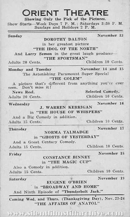 Oriental Theatre program, November 13, 1921, Jersey City, New Jersey