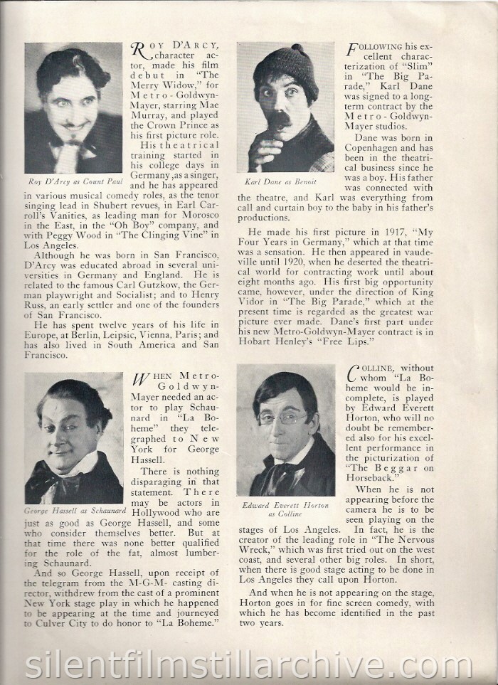 LA BOHEME (1926) Theater program with Roy D'Arcy, George Hassell, Karl Dane and Edward Everett Horton.