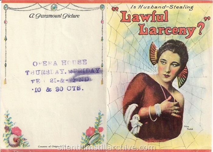 LAWFUL LARCENY (1923) advertising herald with Nita Naldi