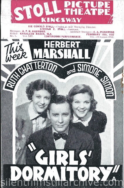 London Stoll Picture Theatre Kingsway, February 15th, 1937 program for GIRLS DORMITORY (1936) with Herbert Marshall, Ruth Chatterton and Simone Simon