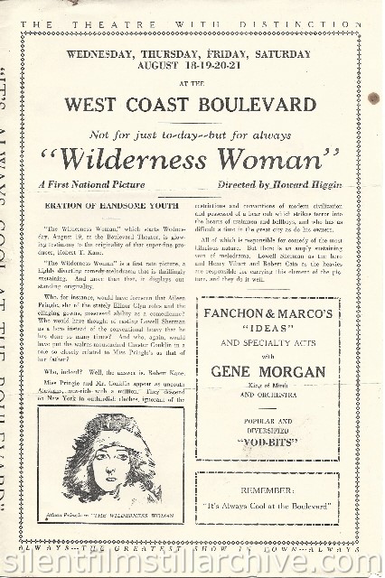 Los Angeles Boulevard Theatre program featuring THE WILDERNESS WOMAN (1926) with Aileen Pringle