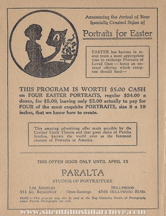 Los Angeles, California, Carthay Circle Theatre program for 1928 showing FOUR SONS (1928) with Margaret Mann and James Hall