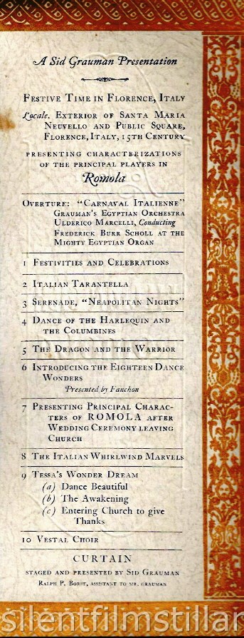 ROMOLA (1924) program from the premier at Grauman's Egyptian Theater in Los Angeles
