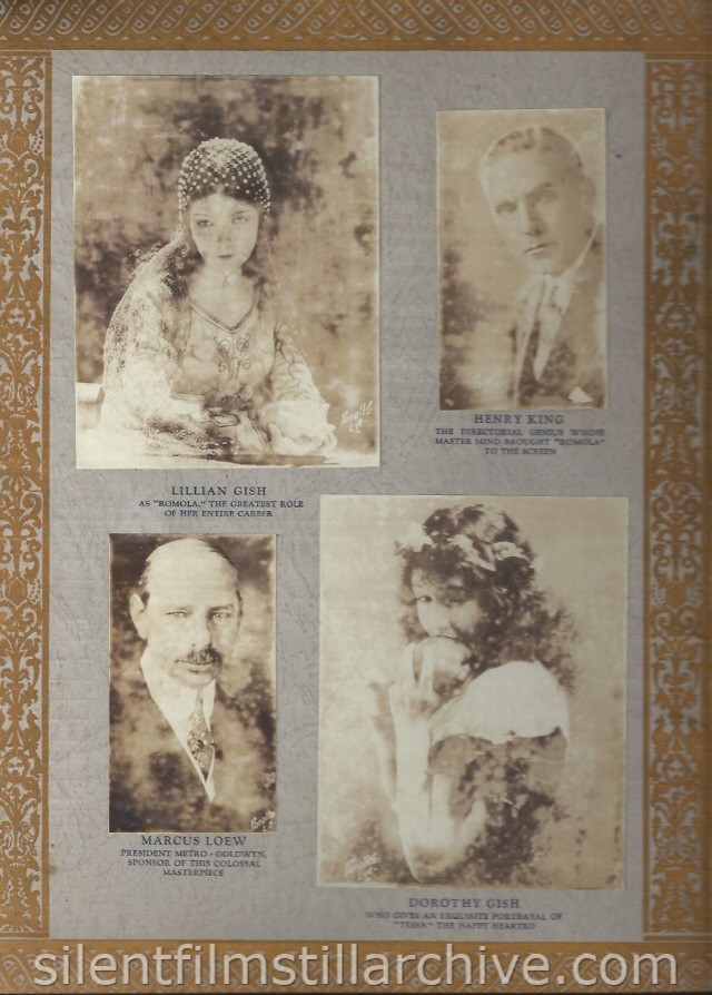Photos of Lillian Gish, Henry King, Marcus Loew and Dorothy Gish in the ROMOLA (1924) program from the premier at Grauman's Egyptian Theater in Los Angeles
