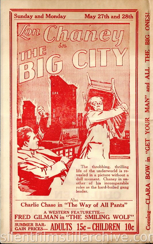 Lincoln Theater program, Los Angeles, California, for the week of May 27, 1928, featuring Lon Chaney in THE BIG CITY (1928)