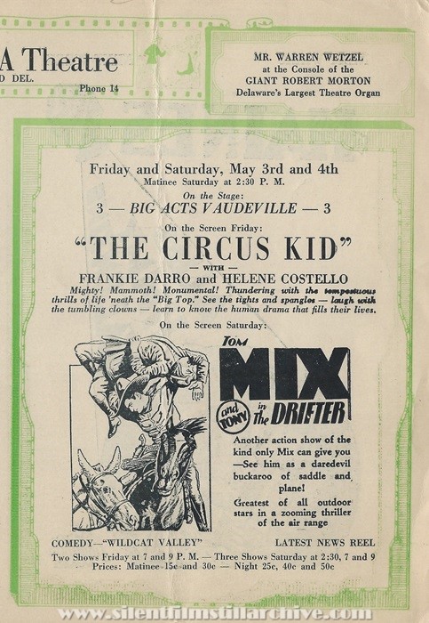 Milford, Delaware, New Plaza Theatre program for April 29th, 1929 showing THE DRIFTER (1929) with Tom Mix