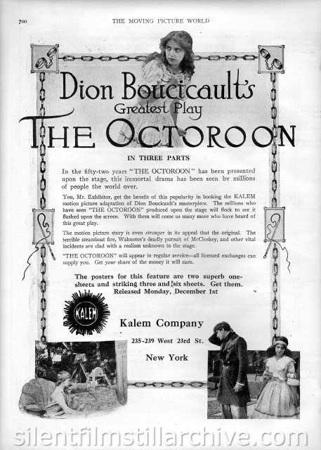 Moving Picture World advertisement for THE OCTOROON (1913) with Guy Coombs and Marguerite Cortot
