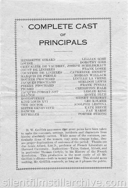 National Theatre program, May 15, 1922, Unknown location. Showing ORPHANS OF THE STORM (1922) with Lillian Gish and Dorothy Gish