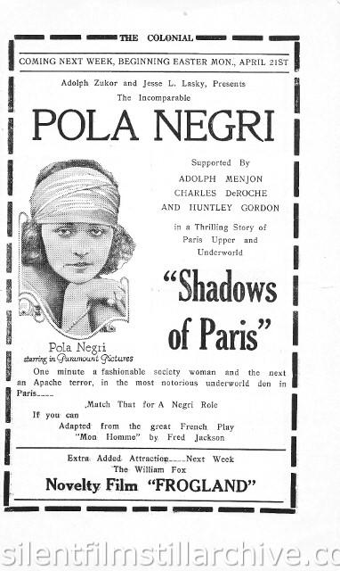 Reading, Pennsylvania Colonial Theater program for the week of April 14th, 1924, showing SHADOWS OF PARIS with Pola Negri