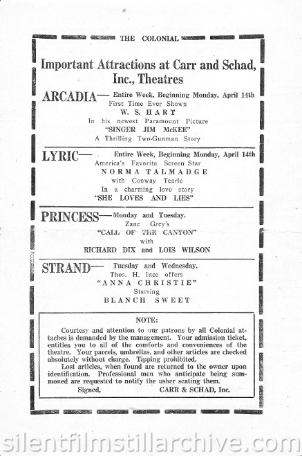 Reading, Pennsylvania Colonial Theater program for the week of April 14th, 1924.