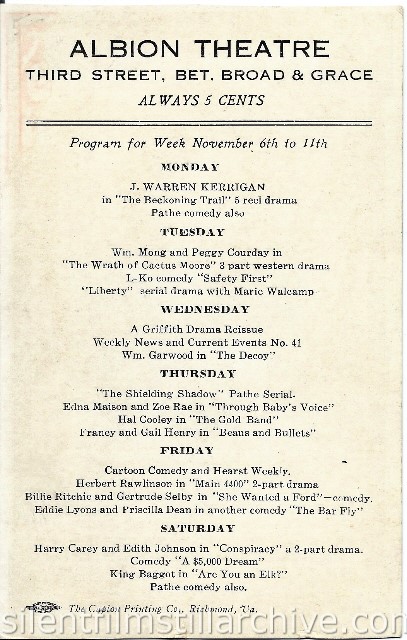 Albion Theatre in Richmond, Virginia program for the week of November 6, 1916.