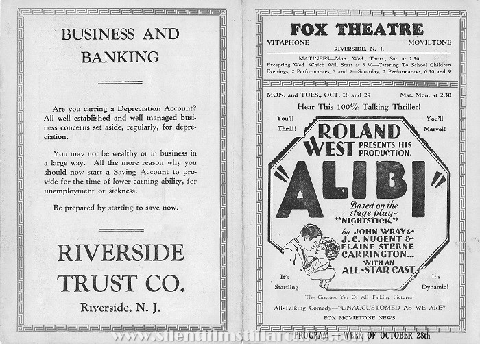 Fox Theatre program, October 28, 1929, Riverside, New Jersey