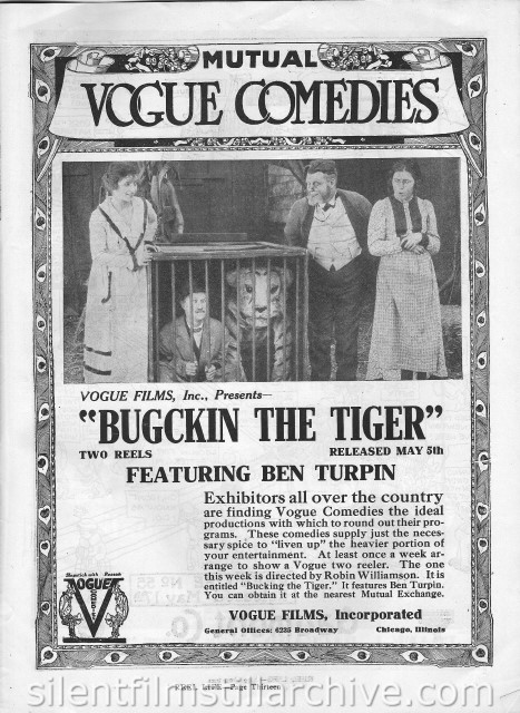 Ben Turpin in BUCKING THE TIGER (1917) 
Reel Life Magazine, May 5, 1917
