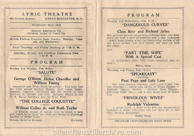 Rochester, New York Lyric Theatre program, February 9, 1930