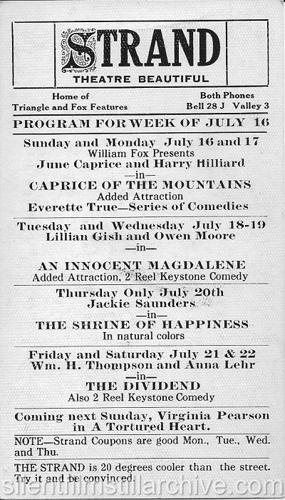 Saginaw, Michigan Strand Theatre program, July 16, 1916