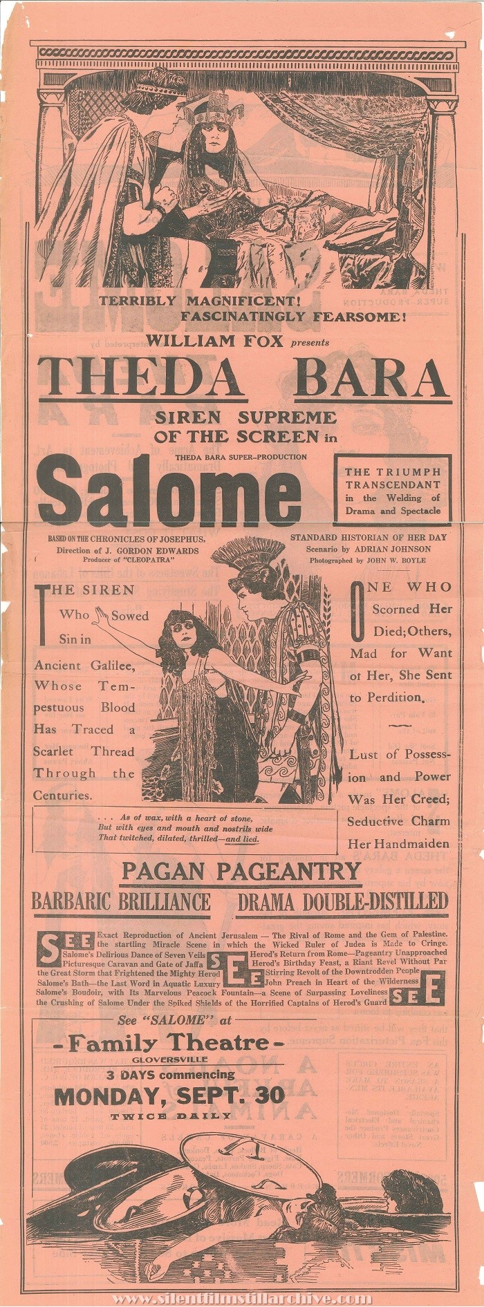 Large herald/broadside for SALOME (1918) starring Theda Bara, screening at the Family Theatre in Gloversville