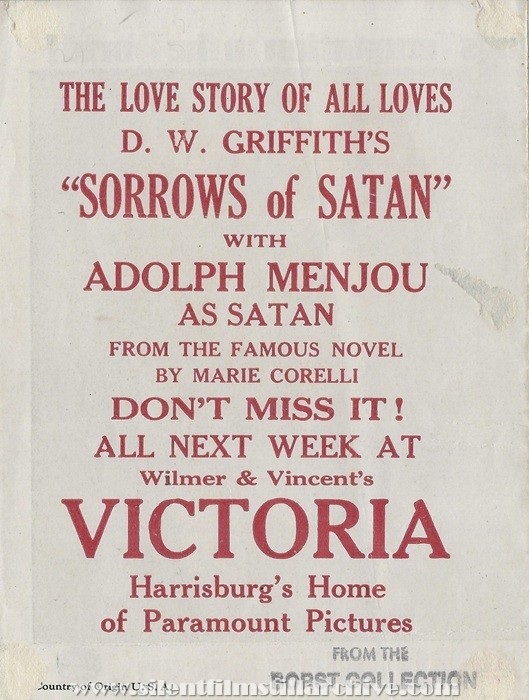 Herald for D. W. Griffith's THE SORROWS OF SATAN (1926) with Adolphe Menjou,
showing at the Victoria Theater in Harrisburg, Pennsylvania