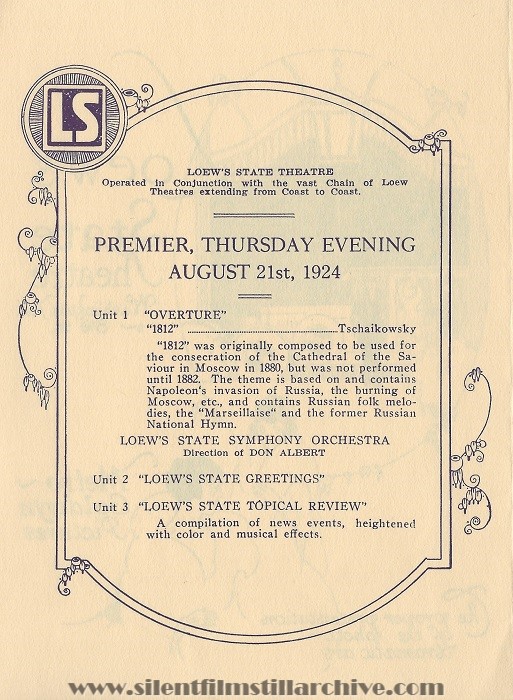 Loew's State Theatre program, St. Louis, Missouri, August 21, 1924