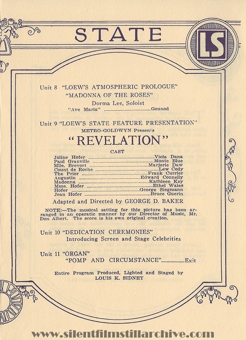 Loew's State Theatre program, St. Louis, Missouri, August 21, 1924, showing REVELATION (1924) with Viola Dana and Monte Blue