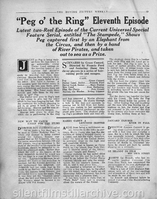 The Moving Picture Weekly, July 8, 1916, synopsis for PEG O' THE RING with Grace Cunard and Francis Ford.