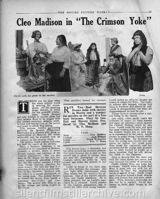 The Moving Picture Weekly, July 8, 1916, synopsis for THE CRIMSON YOKE with Cleo Madison and William V. Mong