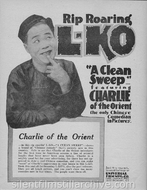 Moving Picture Weekly ad for A CLEAN SWEEP (1918) with Charlie of the Orient