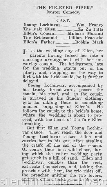 Moving Picture Weekly August 17, 1918 synopsis for THE PIE-EYED PIPER (1918) 