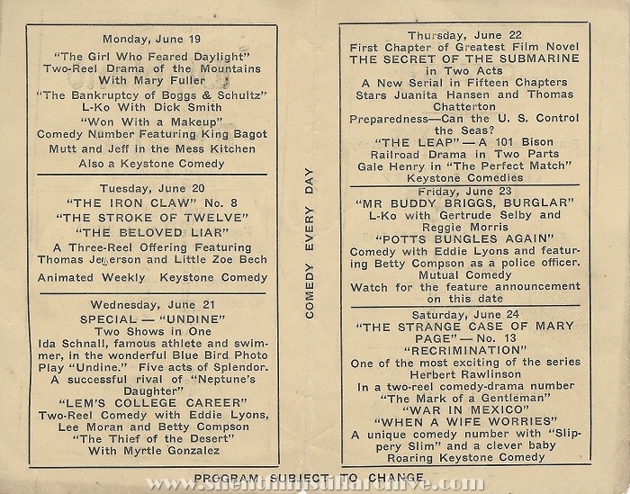 Program for the Utica, New York Highland Theatre, June 19, 1916