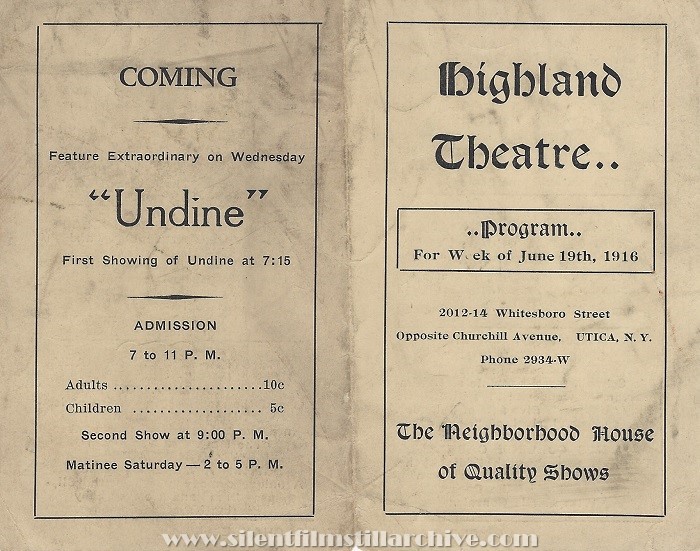 Program for the Utica, New York Highland Theatre, June 19, 1916