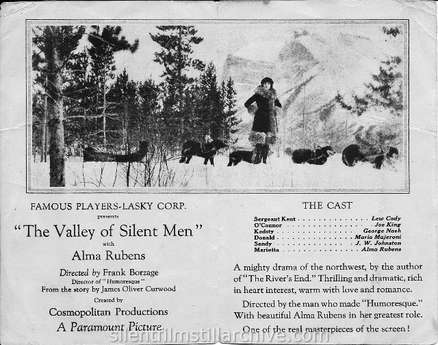 Herald for THE VALLEY OF SILENT MEN (1922) with Alma Rubens.